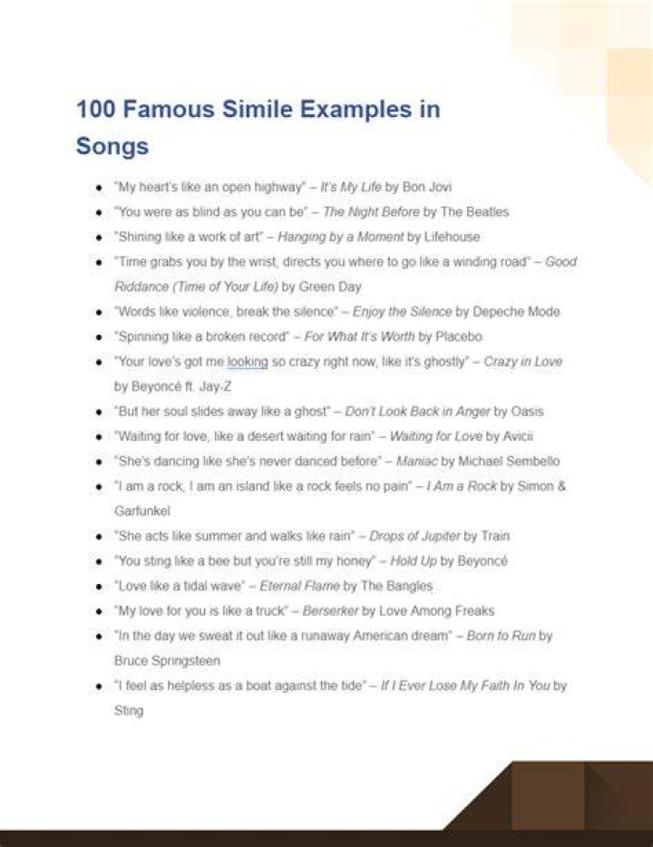 simile and metaphor in songs - songs with similes and metaphors in them lyrics